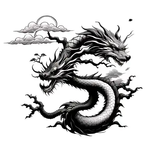 Spiral world tree design with a Japanese dragon wrapping around the trunk of the tree, include Japanese style clouds  tattoo design idea