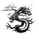 Spiral world tree design with a Japanese dragon wrapping around the trunk of the tree, include Japanese style clouds  tattoo design idea