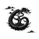 Spiral world tree design with a Japanese dragon wrapping around the trunk of the tree, include Japanese style clouds  tattoo design idea