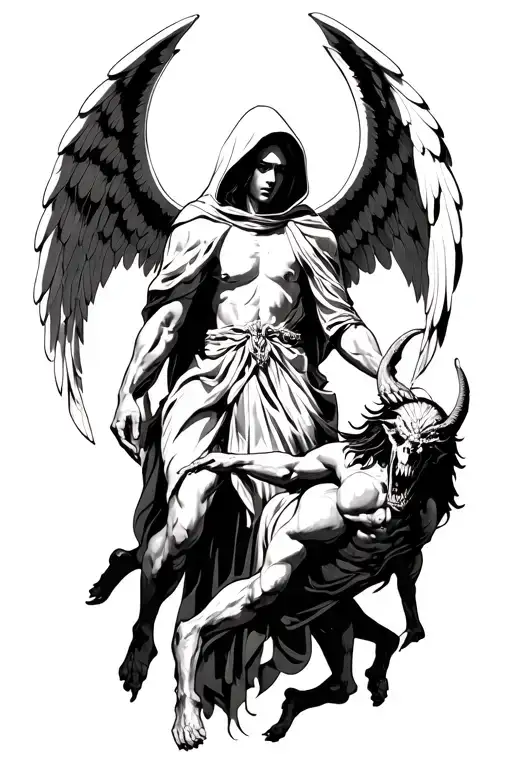 hooded arch angel defeating a demon tattoo design idea