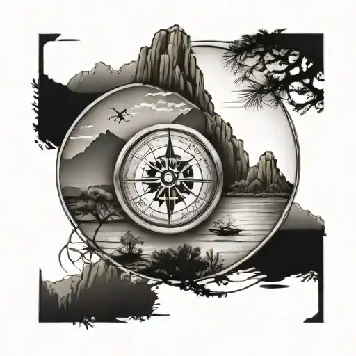 Matching father and son tattoos of a compass rose with Joshua trees and mountains as the backdrop tattoo design idea