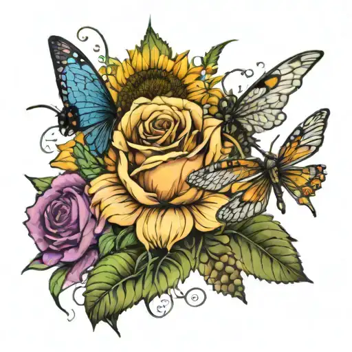 sunflower roses blowing dandelions intertwined with the dragonfly sleeve tattoo design idea
