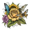 sunflower roses blowing dandelions intertwined with the dragonfly sleeve tattoo design idea