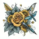 sunflower roses blowing dandelions intertwined with the dragonfly sleeve tattoo design idea