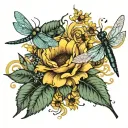 sunflower roses blowing dandelions intertwined with the dragonfly sleeve tattoo design idea