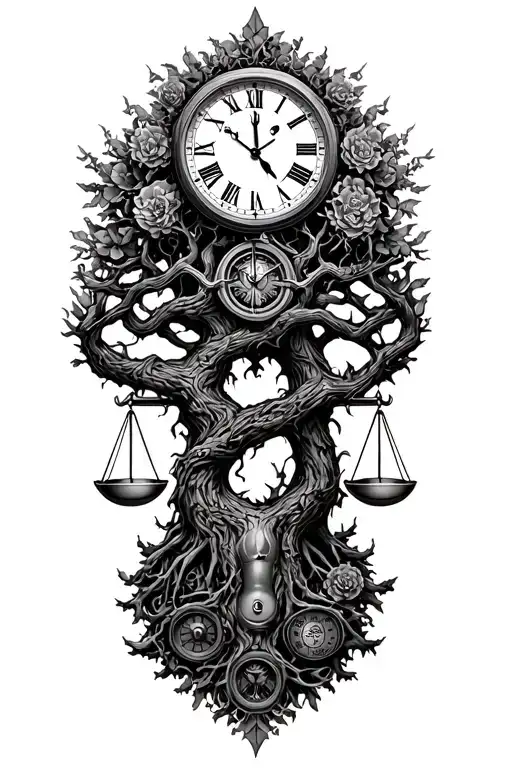 gothic tree of life intertwined with v-twin motor, libra scales and a clock tattoo design idea