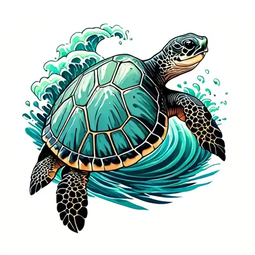 green sea turtle with waves and hanalei bay sleeve in water tattoo design idea