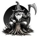 Evil Redcap Gnome Sitting on Rotting Tree Stump holding a hand Scythe as a weapon Back of hand tattoo fade for knuckles tattoo design idea