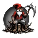 Evil Redcap Gnome Sitting on Rotting Tree Stump holding a hand Scythe as a weapon Back of hand tattoo fade for knuckles tattoo design idea