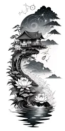path of enlightenment along sleeve from wrist to shoulder. lotus, water, constellation, koi, bamboo, small house tattoo design idea