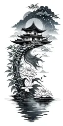 path of enlightenment along sleeve from wrist to shoulder. lotus, water, constellation, koi, bamboo, small house tattoo design idea