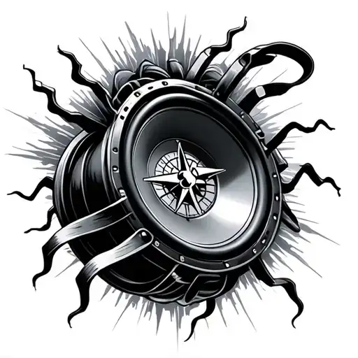subwoofer, aurora ribbons flowing sharp mixed with soundwaves , beatle with a compass on its body inside tattoo design idea