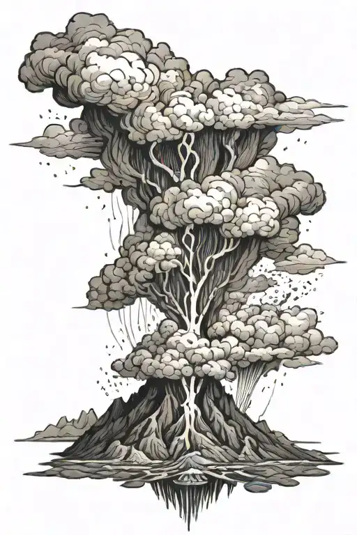 a tatto mixing an erupting vulcano with lava spilling, a rough see at the bottom of the vulcano and a thunder storm tattoo design idea