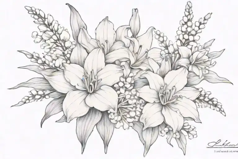 Chrysanthemum, gladiolus, narcissus, lily of the valley flowers tattoo design idea