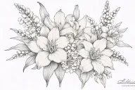 Chrysanthemum, gladiolus, narcissus, lily of the valley flowers tattoo design idea