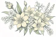 Chrysanthemum, gladiolus, narcissus, lily of the valley flowers tattoo design idea