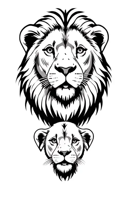 2 lion puppies in front and the fierce adult lion behind protecting tattoo design idea