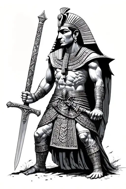 pharaoh with sword in battle scene tattoo design idea