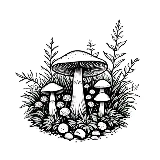 Mushroom and herb garden scene tattoo design idea