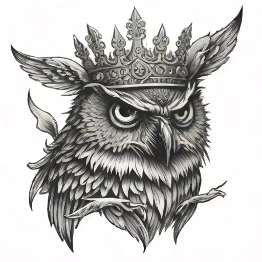 Angry owl perched on skull wearing a crown tattoo design idea