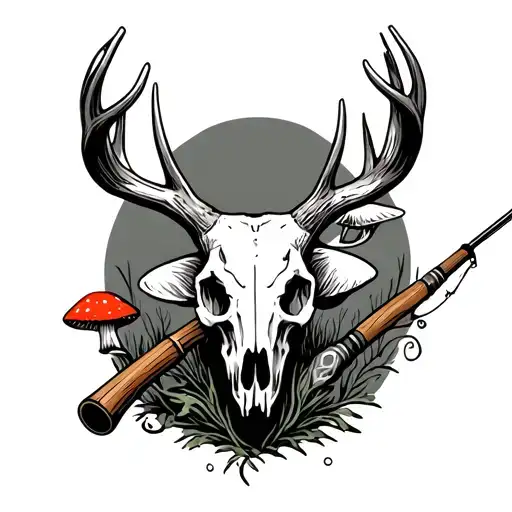 buck skull fishing rod and mushroom  tattoo design idea