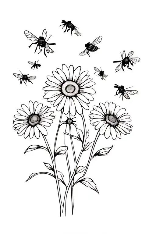 daisies and bees flying tattoo design idea