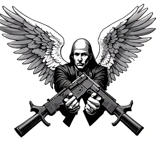 masons angel with ak47 in hands pointing tattoo design idea