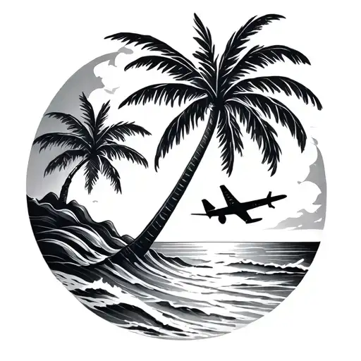 palm tree waves beach sun airplane tattoo design idea