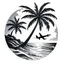 palm tree waves beach sun airplane tattoo design idea