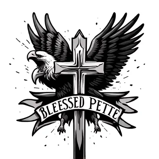 "Blessed Mel Pete" cross in the middle of spread eagle wings spread tattoo design idea