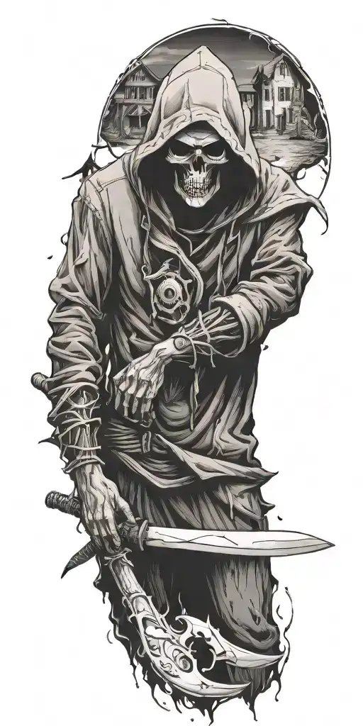 A reaper of death in a hoodie with a scythe, destroyed houses in the background, an hourglass tattoo design idea