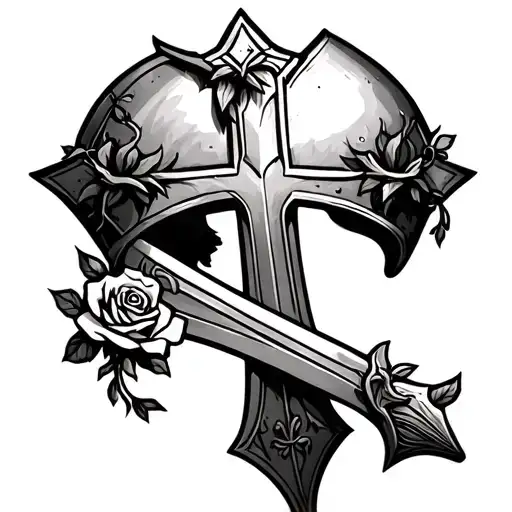armor of God with cross and sword and helmet with rose and vines tattoo design idea