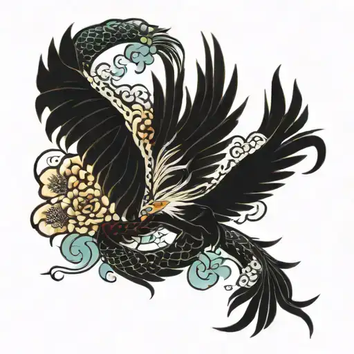 Full arm tattoo sleeve of a neo-traditional Japanese style Phoenix flying downward a snake tattoo design idea
