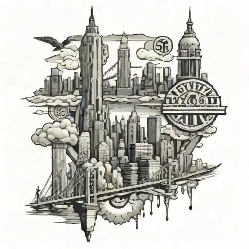 nyc skyline, with number 6 subway, birds, clouds, street signs, Statue of Liberty, Brooklyn bridge,  tattoo design idea