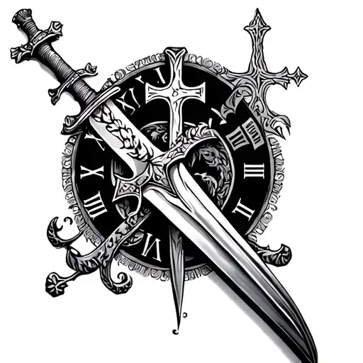 sleeve with a sword, a cross, Roman numerals, and fill in the rest tattoo design idea