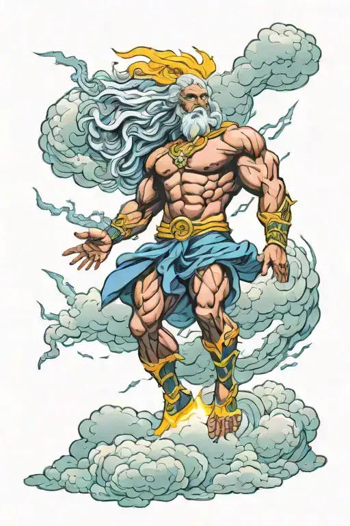 male storm god full body with clouds and lightning overhead symboliozing power colorful majestic rebirth tattoo design idea
