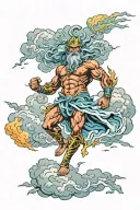male storm god full body with clouds and lightning overhead symboliozing power colorful majestic rebirth tattoo design idea