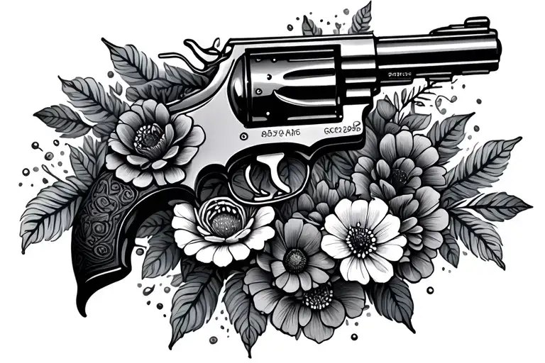 revolver shooting out flowers tattoo design idea