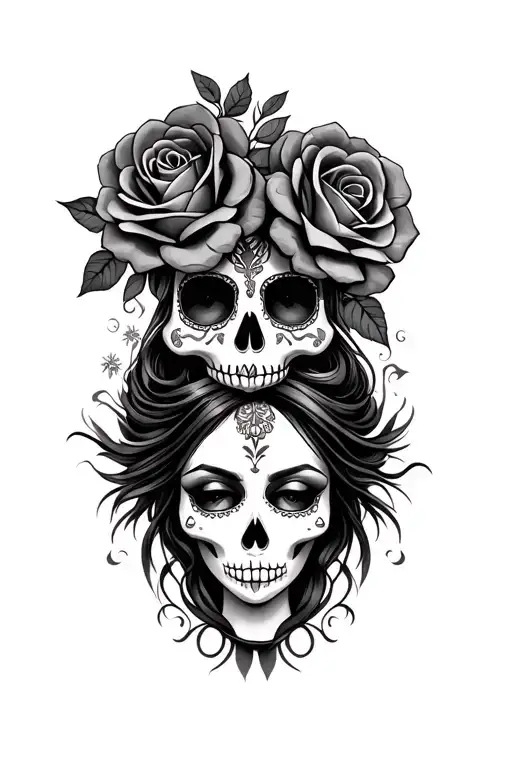 male and female sugar skulls with roses and a gypsy tattoo design idea
