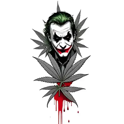 composition,joker,marijuana leaves in the background,dripping blood tattoo design idea
