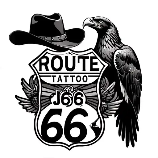 Route 66 panel with a cowboy hat on the left side and an eagle on the right side tattoo design idea