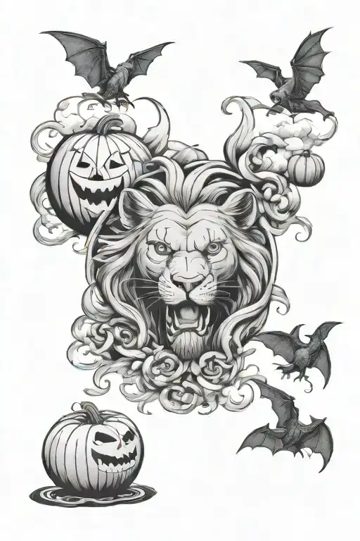 jack-o'-lanterns, little bats, clouds going up, words Akcuna matata, lion detailed into words. tattoo design idea