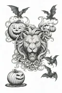jack-o'-lanterns, little bats, clouds going up, words Akcuna matata, lion detailed into words. tattoo design idea