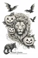 jack-o'-lanterns, little bats, clouds going up, words Akcuna matata, lion detailed into words. tattoo design idea