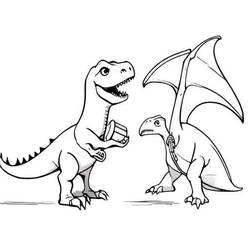 cartoon cute t-Rex and pterodactyl talking on phone cord tattoo design idea