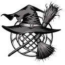 witch's hat and broom intertwined in a witch's knot symbol  tattoo design idea