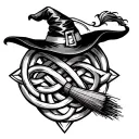 witch's hat and broom intertwined in a witch's knot symbol  tattoo design idea