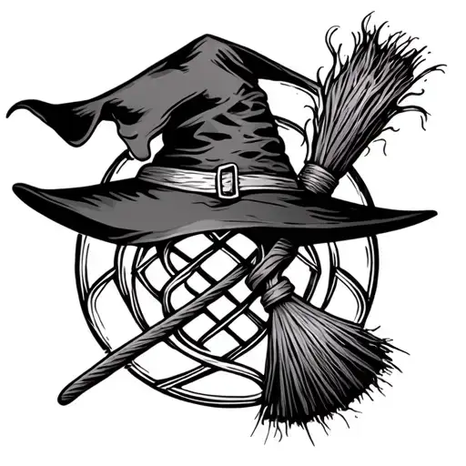 witch's hat and broom intertwined in a witch's knot symbol  tattoo design idea