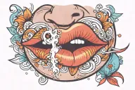 Plump slightly open lips blowing colorful smoking tattoo design idea