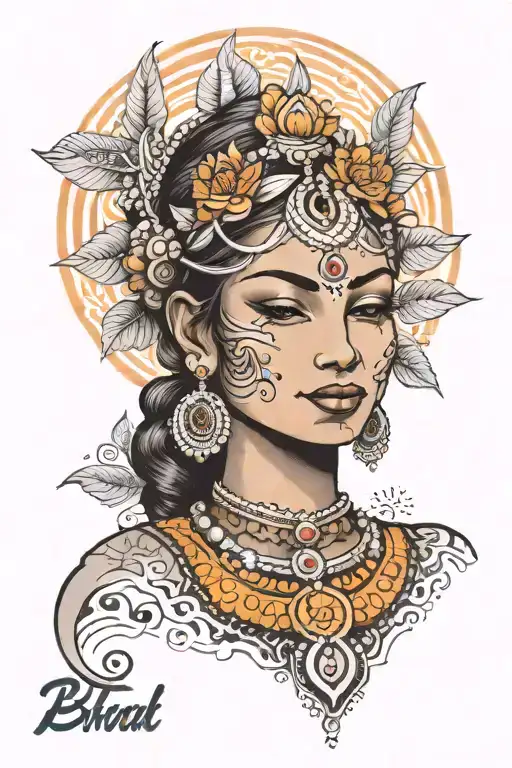 A serene woman devotee in deep bhakti, her face glowing with a soft smile, radiating inner peace and divine connection.  tattoo design idea